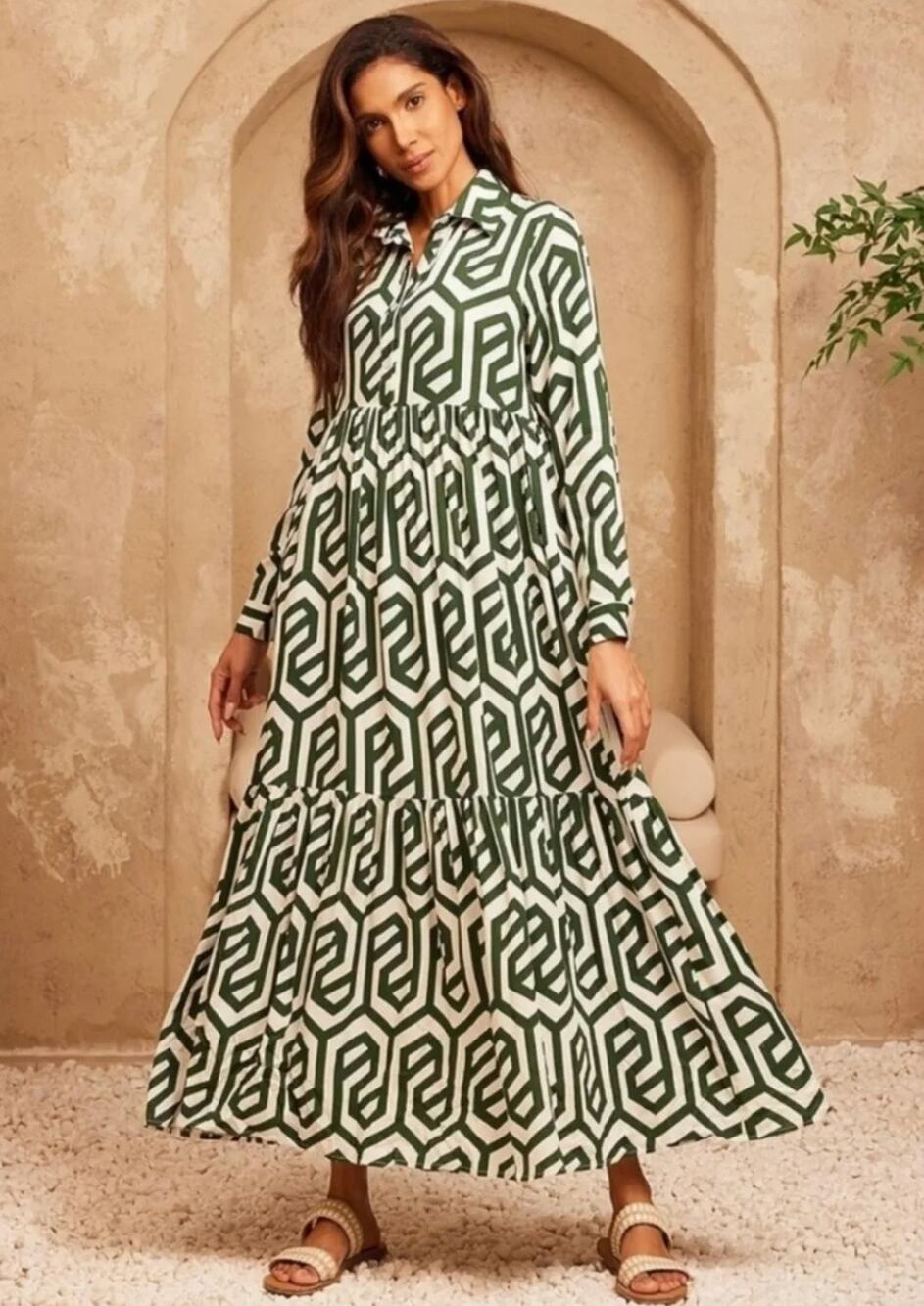 ZARA The Karen Geometric Print Midi Dress in Green Size Women's Small